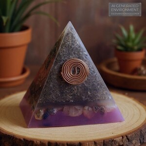 May include: A pyramid-shaped resin art piece with a copper coil accent. The pyramid features a purple base, a layer of stones, and a dark green top. The text "AI GENERATED ENVIRONMENT" is visible.