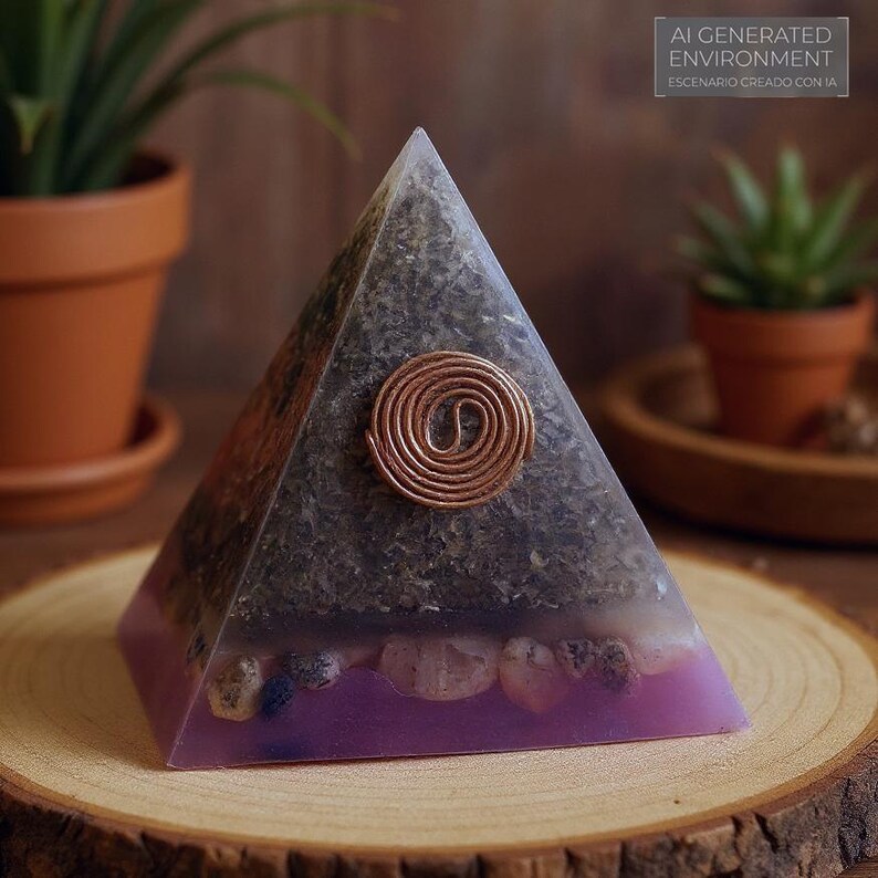 May include: A pyramid-shaped resin art piece with a copper coil accent. The pyramid features a purple base, a layer of stones, and a dark green top. The text "AI GENERATED ENVIRONMENT" is visible.