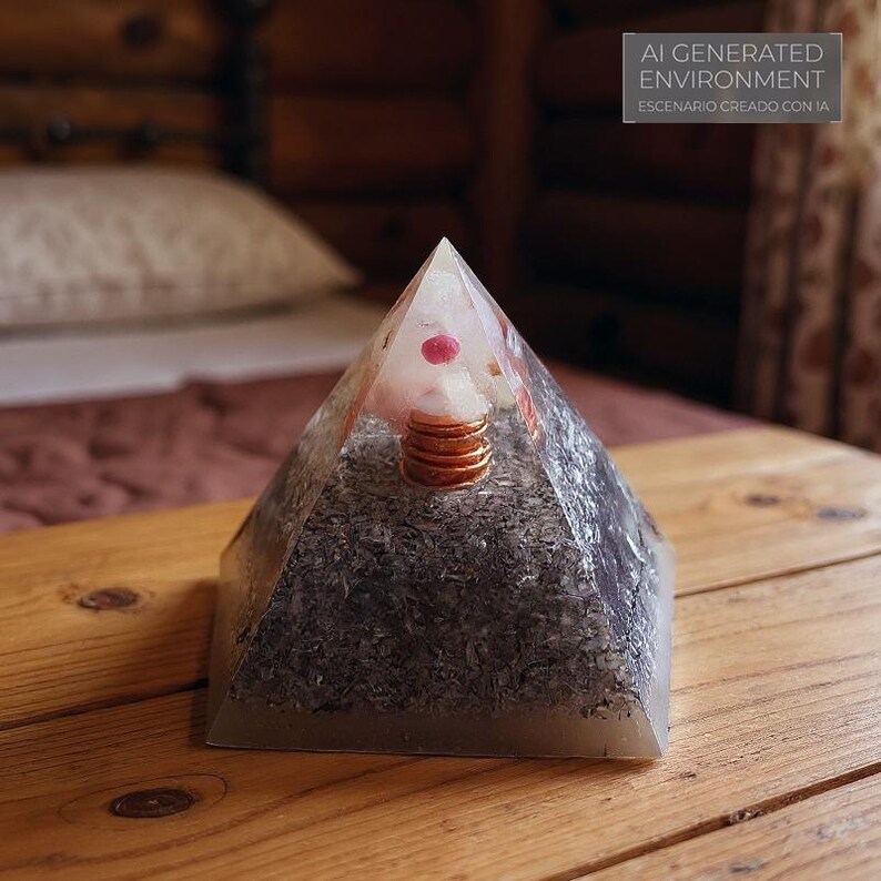 May include: A clear pyramid-shaped resin sculpture with a pointed top. Inside, there are layers of gray material, copper coils, and a pink stone. The text "AI GENERATED ENVIRONMENT" is visible in the background.