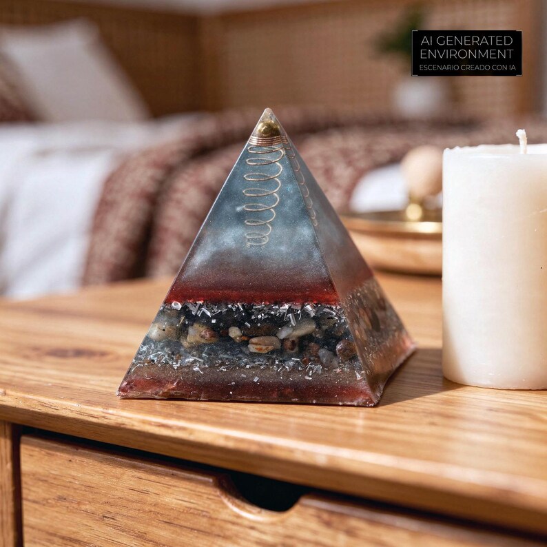 May include: A pyramid-shaped resin art piece with a copper coil and embedded stones. The pyramid features layers of red, blue, and clear resin, with a gold-colored tip. A white candle is next to the pyramid on a wooden surface.