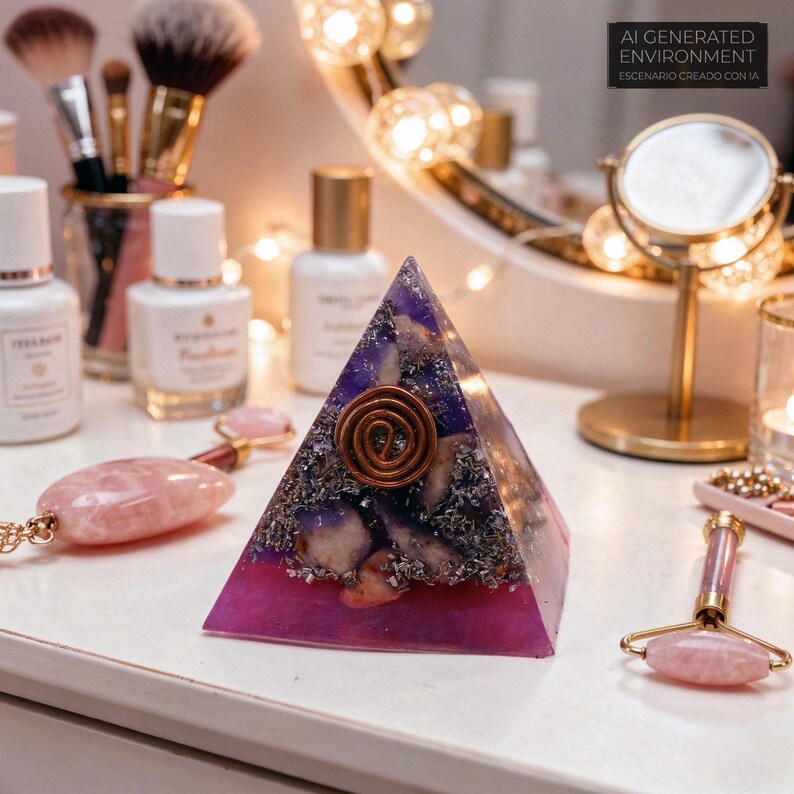 May include: A decorative pyramid with a copper coil, purple, and pink resin. The pyramid is surrounded by beauty products, including skincare bottles, makeup brushes, and a rose quartz face roller. The text "AI GENERATED ENVIRONMENT" is visible.