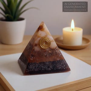 May include: A layered pyramid-shaped decorative object with a gold spiral accent. The pyramid features a mix of brown, white, and black materials. A lit candle and text that reads "AI GENERATED ENVIRONMENT ESCENARIO CREADO CON IA" are in the background.