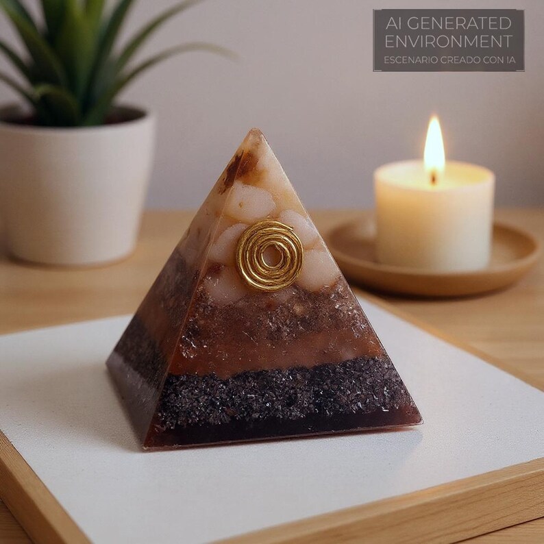 May include: A layered pyramid-shaped decorative object with a gold spiral accent. The pyramid features a mix of brown, white, and black materials. A lit candle and text that reads "AI GENERATED ENVIRONMENT ESCENARIO CREADO CON IA" are in the background.
