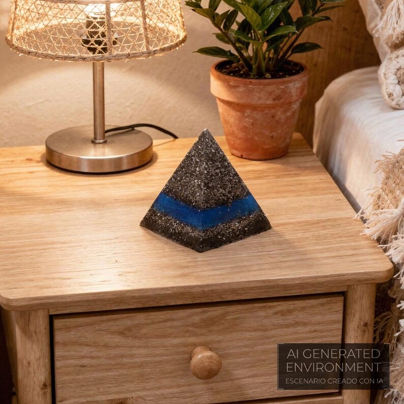 Peut inclure: Un objet d&eacute;coratif en forme de pyramide noire et grise avec une bande bleue. La pyramide est pos&eacute;e sur une table de chevet en bois, &agrave; c&ocirc;t&eacute; d'une lampe et d'une plante en pot. Le texte "AI GENERATED ENVIRONMENT" est visible.