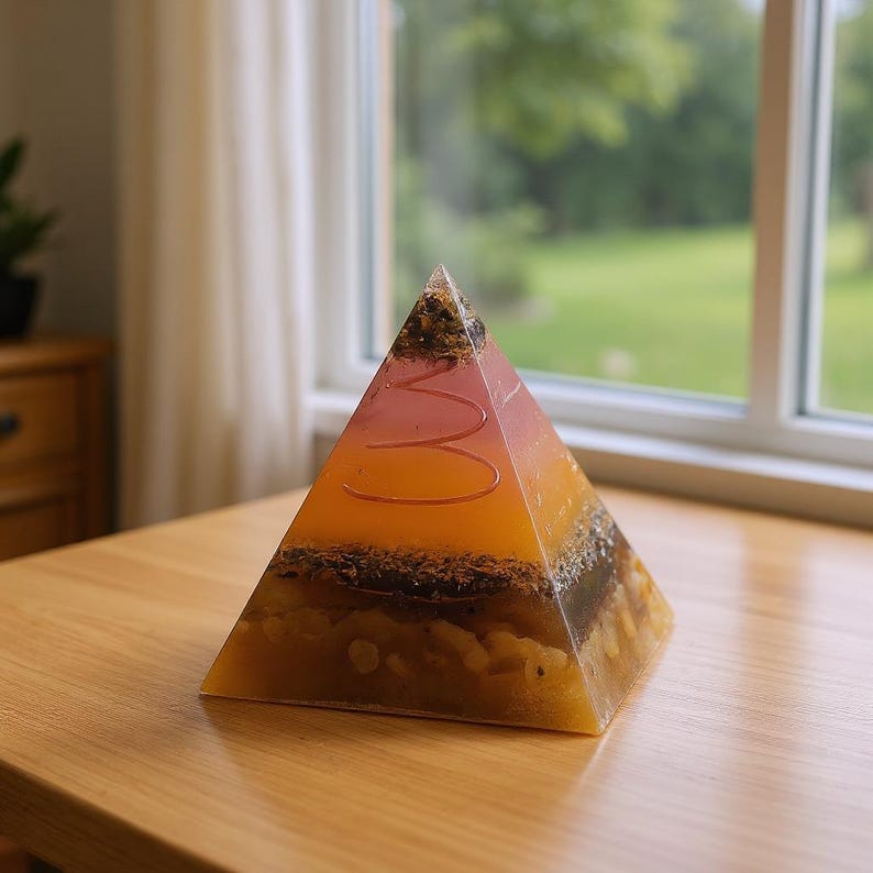 Peut inclure: Une sculpture pyramidale en couches avec une base transparente de couleur ambre, passant &agrave; des teintes orange et rose au sommet. Une spirale cuivr&eacute;e est int&eacute;gr&eacute;e dans les couches sup&eacute;rieures. La pyramide repose sur une surface en bois.