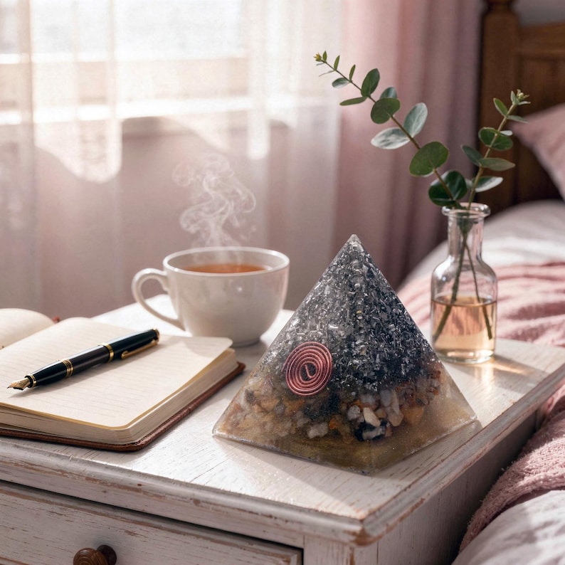 May include: A clear pyramid-shaped decorative object with a copper coil and embedded stones. A cup of tea steams next to a notebook and pen. A small vase with greenery sits nearby, creating a serene, spa-like atmosphere.