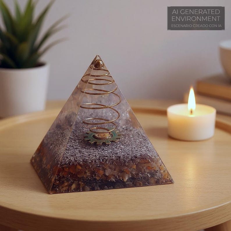 May include: A transparent resin pyramid with a gold spiral and cogwheel design. The base contains small, colourful stones. The text "AI GENERATED ENVIRONMENT" is visible in the background. The pyramid is on a wooden surface.