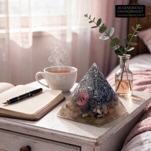 May include: A clear pyramid-shaped object with a copper coil and embedded stones sits on a white nightstand. A cup of tea steams nearby, with a notebook and pen. The text in the image reads "AI GENERATED ENVIRONMENT".