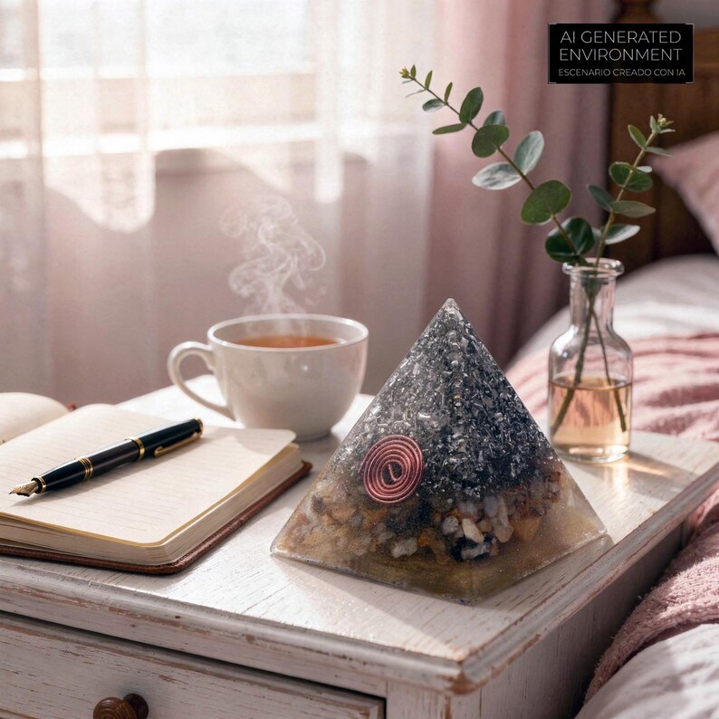May include: A clear pyramid-shaped object with a copper coil and embedded stones sits on a white nightstand. A cup of tea steams nearby, with a notebook and pen. The text in the image reads "AI GENERATED ENVIRONMENT".