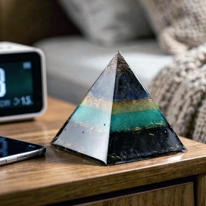 May include: A multi-layered pyramid sculpture with a mix of colors including black, green, white, and gold. The pyramid is on a wooden surface, with a digital clock and a smartphone in the background. The pyramid is a decorative item.