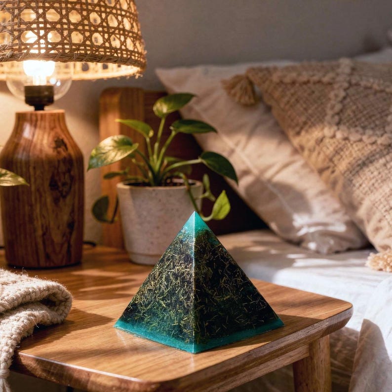 May include: A decorative pyramid with a teal base and a dark green and gold interior sits on a wooden table. A wooden lamp and a potted plant are in the background. The pyramid is a unique home decor item.