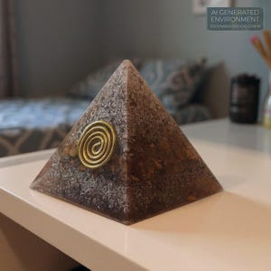 May include: A brown pyramid-shaped object with a gold spiral design on the front. The pyramid is made of a composite material with a textured appearance. The text "AI GENERATED ENVIRONMENT" is visible in the background.