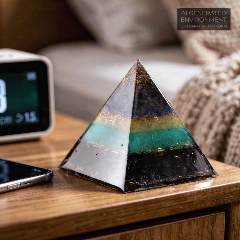 May include: A multi-colored pyramid-shaped object with layers of white, teal, gold, green, and black. The pyramid is on a wooden surface next to a digital clock and a smartphone. The text "AI GENERATED ENVIRONMENT" is visible.