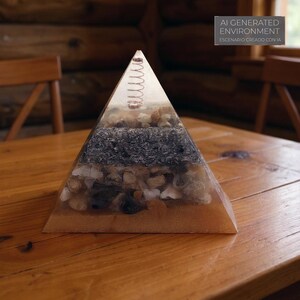 Puede incluir: Una escultura piramidal transparente con inclusiones en capas de piedras, material gris oscuro y un resorte en la parte superior. La pir&aacute;mide est&aacute; sobre una mesa de madera. El texto de fondo dice "AI GENERATED ENVIRONMENT".