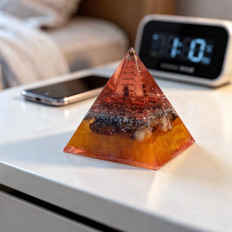 May include: A transparent orange pyramid with a copper coil and embedded stones. The pyramid is on a white surface, with a smartphone and digital clock in the background. The pyramid's base is approximately 3 inches wide.