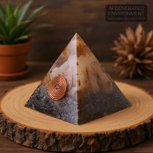 May include: A handcrafted pyramid with a copper spiral accent. The pyramid features a mix of white, brown, and gray tones, and is set on a wooden slice. The text "AI GENERATED ENVIRONMENT" is visible in the background.