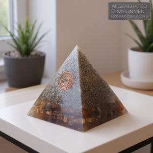 Puede incluir: Una pir&aacute;mide generadora de energ&iacute;a org&oacute;nica. La pir&aacute;mide est&aacute; hecha de resina transparente con piedras incrustadas y una bobina de cobre. El texto "AI GENERATED ENVIRONMENT" es visible en el fondo.