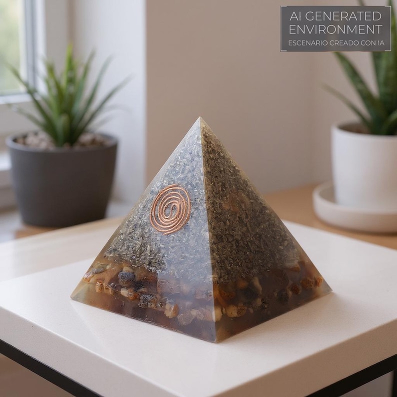 Puede incluir: Una pir&aacute;mide generadora de energ&iacute;a org&oacute;nica. La pir&aacute;mide est&aacute; hecha de resina transparente con piedras incrustadas y una bobina de cobre. El texto "AI GENERATED ENVIRONMENT" es visible en el fondo.