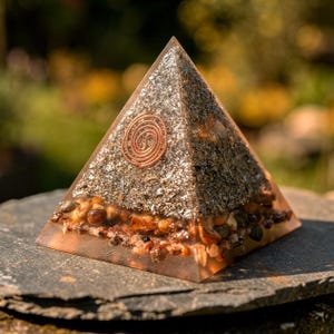 Puede incluir: Una pir&aacute;mide de resina transparente con piedras incrustadas y escamas met&aacute;licas. Una espiral de cobre est&aacute; incrustada en la parte superior. La pir&aacute;mide se muestra sobre una superficie de piedra gris oscuro, con un fondo verde borroso.