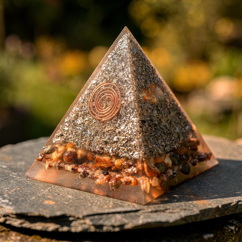 Puede incluir: Una pir&aacute;mide de resina transparente con piedras incrustadas y escamas met&aacute;licas. Una espiral de cobre est&aacute; incrustada en la parte superior. La pir&aacute;mide se muestra sobre una superficie de piedra gris oscuro, con un fondo verde borroso.