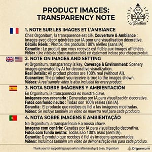 Puede incluir: Texto sobre un fondo blanco con el t&iacute;tulo "PRODUCT IMAGES: TRANSPARENCY NOTE". El texto est&aacute; en ingl&eacute;s, franc&eacute;s, espa&ntilde;ol y portugu&eacute;s, explicando los detalles y las garant&iacute;as de la imagen. El logotipo de Orgonitum es visible.
