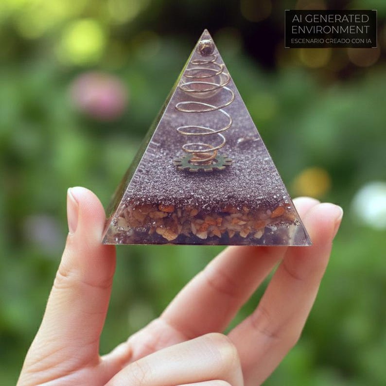 May include: A clear pyramid-shaped resin art piece with a gold-coloured coil and gear inside. The base of the pyramid is filled with small, light brown stones. The text "AI GENERATED ENVIRONMENT" is visible in the background.