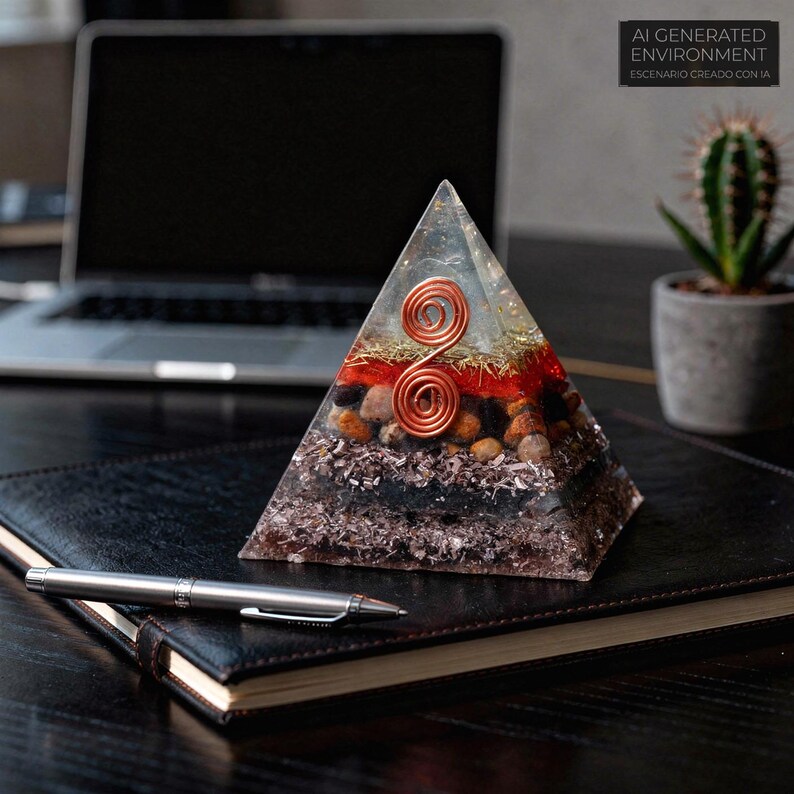 May include: A clear resin pyramid with layers of stones, copper wire, and red and gold accents. The pyramid sits on a black leather-bound notebook with a silver pen. The text "AI GENERATED ENVIRONMENT ESCENARIO CREADO CON IA" is in the background.