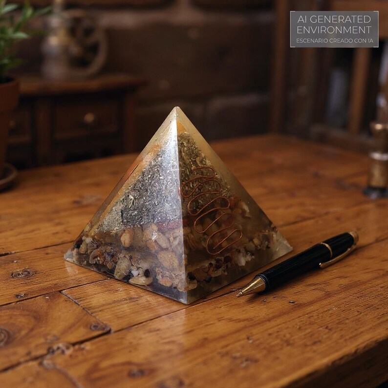 May include: A clear resin pyramid with embedded stones, herbs, and a copper coil. A black pen with gold accents rests on the wooden surface next to the pyramid. The text "AI GENERATED ENVIRONMENT ESCENARIO CREADO CON IA" is visible.