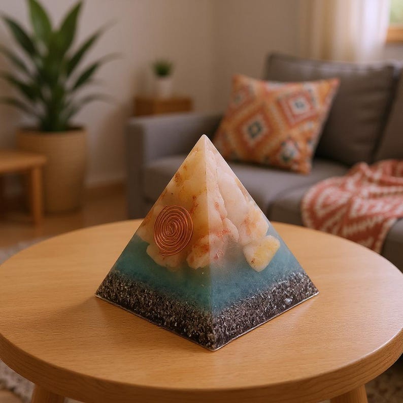 Puede incluir: Una pir&aacute;mide decorativa con un dise&ntilde;o de espiral de cobre. La pir&aacute;mide presenta un dise&ntilde;o en capas con una combinaci&oacute;n de colores azul, beige y negro. La pir&aacute;mide est&aacute; sobre una mesa de madera.