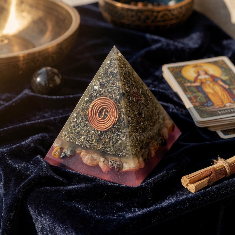 May include: A clear pyramid with a copper coil at the center, filled with dark green and black stones, and a pink base. The pyramid sits on a dark blue velvet surface, with tarot cards and a singing bowl in the background.