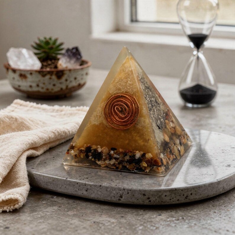 May include: A clear resin pyramid with embedded stones and a copper coil. The pyramid is on a gray stone tray. A small bowl with plants and crystals is in the background, along with an hourglass.