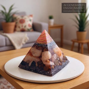 May include: A decorative pyramid with a pink and gold top, filled with various stones and crystals. The pyramid is set on a white plate, with the text "AI GENERATED ENVIRONMENT" visible in the background.