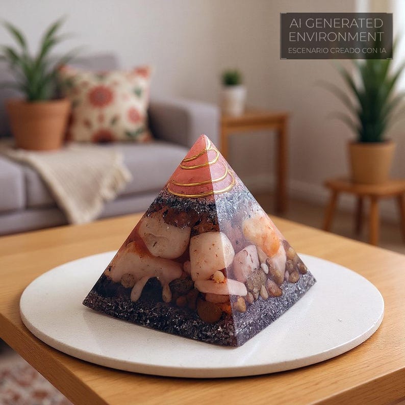 May include: A decorative pyramid with a pink and gold top, filled with various stones and crystals. The pyramid is set on a white plate, with the text "AI GENERATED ENVIRONMENT" visible in the background.