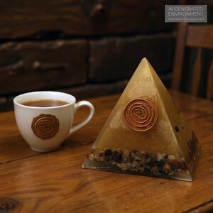 May include: A white teacup with a brown spiral design and a pyramid-shaped resin art piece. The pyramid has a copper spiral and embedded stones. The text "AI GENERATED ENVIRONMENT" is visible.