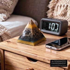 Puede incluir: Una pir&aacute;mide decorativa con un dise&ntilde;o en capas de tonos dorados, negros y azules se encuentra sobre una mesita de noche de madera. Un reloj digital que muestra la hora 1:03 y un tel&eacute;fono inteligente tambi&eacute;n est&aacute;n en la mesita de noche. El texto "AI GENERATED ENVIRONMENT" es visible.