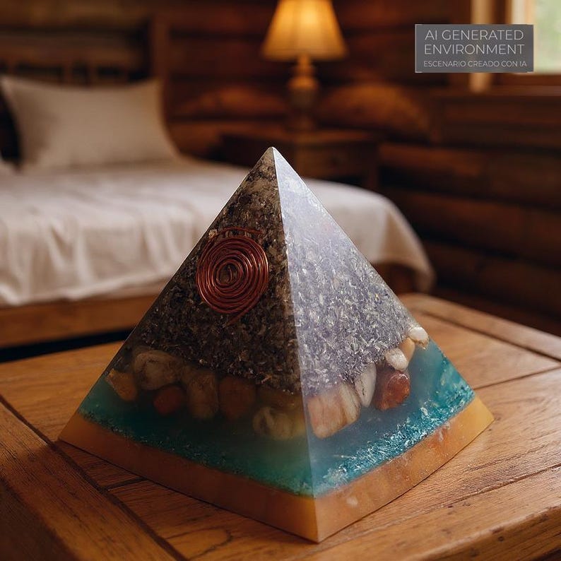 May include: A handcrafted pyramid with a copper coil, embedded stones, and a turquoise resin base. The pyramid is on a wooden table. The text in the image reads "AI GENERATED ENVIRONMENT".