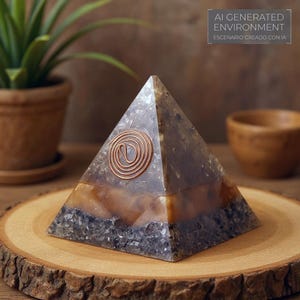 May include: A layered pyramid-shaped object with a copper spiral design. The pyramid has a multi-toned appearance, with layers of gray, brown, and clear sections. The text "AI GENERATED ENVIRONMENT" is visible in the background.