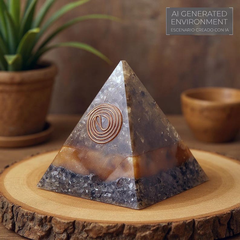 May include: A layered pyramid-shaped object with a copper spiral design. The pyramid has a multi-toned appearance, with layers of gray, brown, and clear sections. The text "AI GENERATED ENVIRONMENT" is visible in the background.