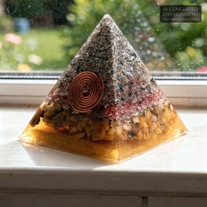 May include: A pyramid-shaped orgone energy generator. The pyramid is made of clear resin with layers of stones, metal shavings, and a copper coil. The base is a golden-yellow color, with a gray and red top. The text "AI GENERATED ENVIRONMENT" is visible.