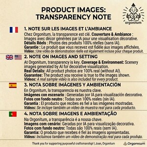 May include: Text on a white background with the title "PRODUCT IMAGES: TRANSPARENCY NOTE". The text is in English, French, Spanish, and Portuguese, explaining image details and guarantees. The Orgonitum logo is in the upper right corner.