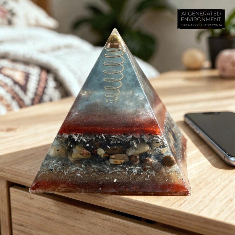 May include: A clear pyramid-shaped resin sculpture with a gold coil at the top. The pyramid has layers of red, blue, and gray hues, with embedded stones and crystals. The text "AI GENERATED ENVIRONMENT" is visible.