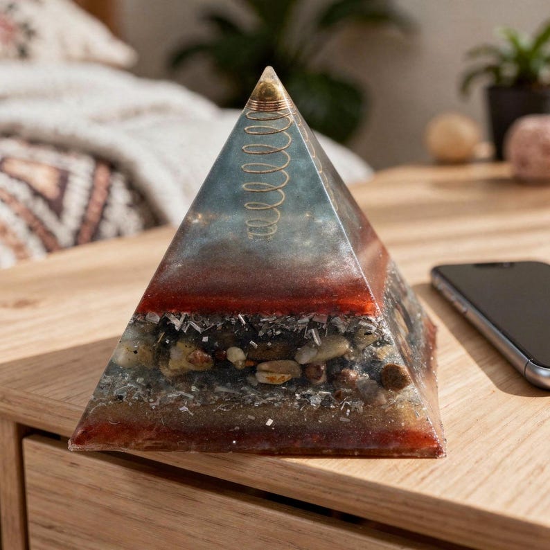 May include: A clear pyramid-shaped resin art piece with a gold coil at the top. The pyramid has layers of red, blue, and a base with stones and crystals. A smartphone rests on a wooden surface next to the pyramid.