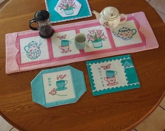 machine embroidery project (Tea or Coffee Table Runner and matching Mug Rugs) Diy embroidery | diy machine embroidery | Partial In The Hoop