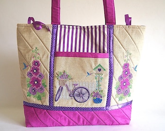Machine embroidery bag project (Hollyhocks Handbag) diy embroidery tote | diy embroidery bag | embroidery craft bag | partial In The Hoop