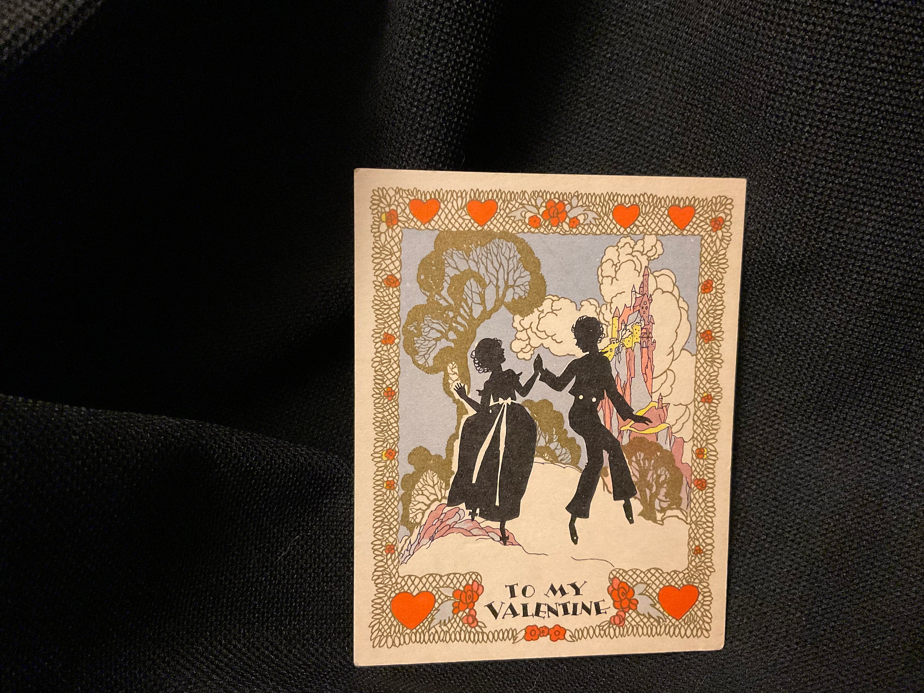 Vintage Art Deco Silhouette Dancing Couple & Castle Valentine Card C ...