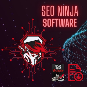 Può includere: Un logo rosso e bianco di un ninja che tiene una spada in una forma di scudo. Il testo "SEO Ninja Software" è in lettere rosse sopra il logo. Il testo "Easy SEO Ninja" è in lettere bianche su uno sfondo rosso con un'immagine in bianco e nero di un ninja. Un'icona di documento rosso con una freccia di download bianca è nell'angolo in basso a destra.