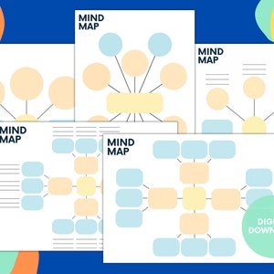 Può includere: Una raccolta di modelli di mappe mentali su carta bianca, con vari layout con cerchi, rettangoli e linee di collegamento. Il testo "MIND MAP" è in alto su ogni foglio. Una grafica di download digitale si trova nell'angolo in basso a destra.