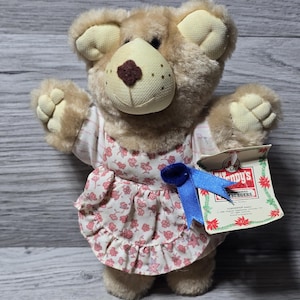 Op de afbeelding: Een pluche teddybeer met een roze bloemenjurk en een blauw lint. De beer heeft lichtbruine vacht met een beige snuit en oren. Een label van Wendy's Burgers is bevestigd.