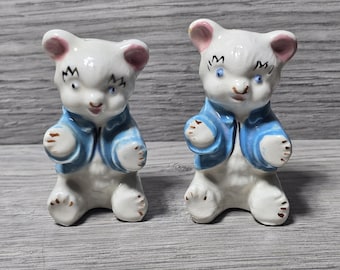 Vintage Salt & Pepper Shakers Hand Painted White Bears 3" with Corks Japan