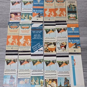 May include: A collection of vintage Howard Johnson's matchbooks. The matchbooks feature various illustrations and text, including the Howard Johnson's logo, restaurant scenes, and the words "Famous Ice Cream" and "Motor Lodges." The color palette includes orange, blue, and white.